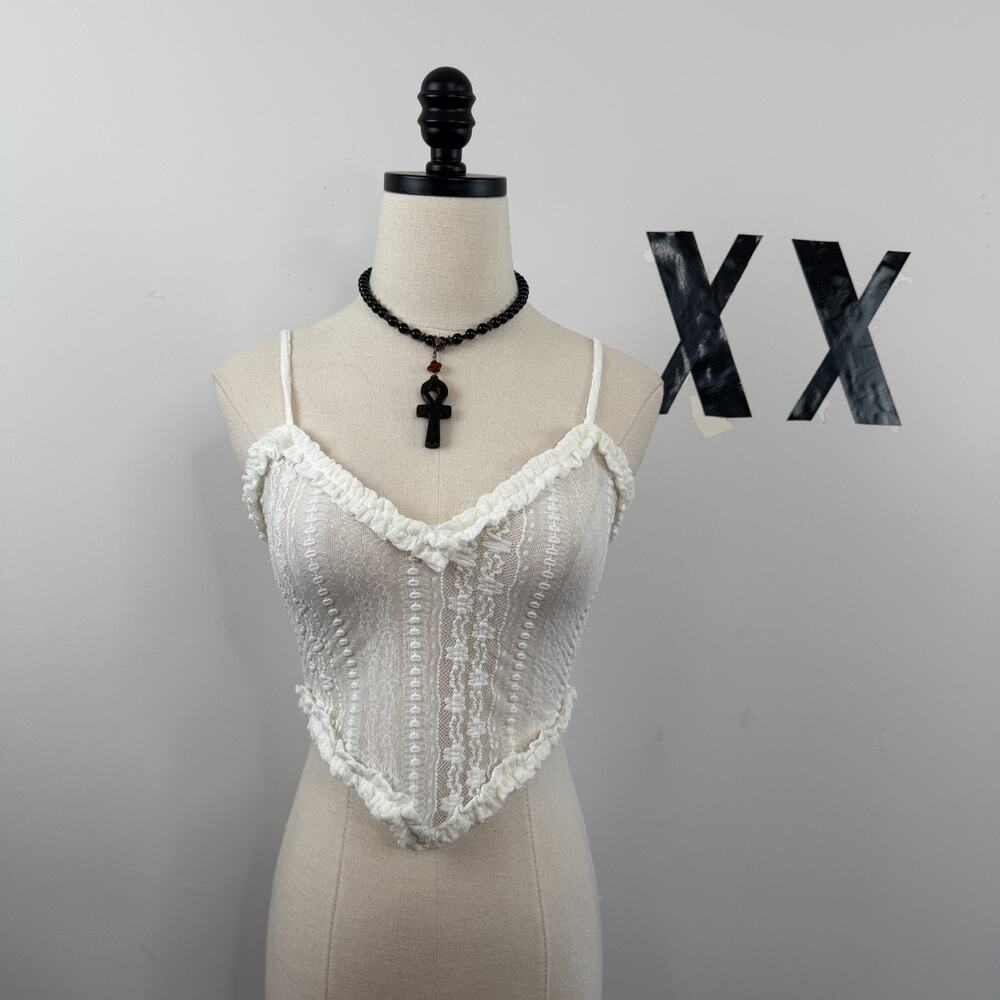 Tiger Mist White Sheer Lace Ruffle V-Neck Going Out Cami XS NWT